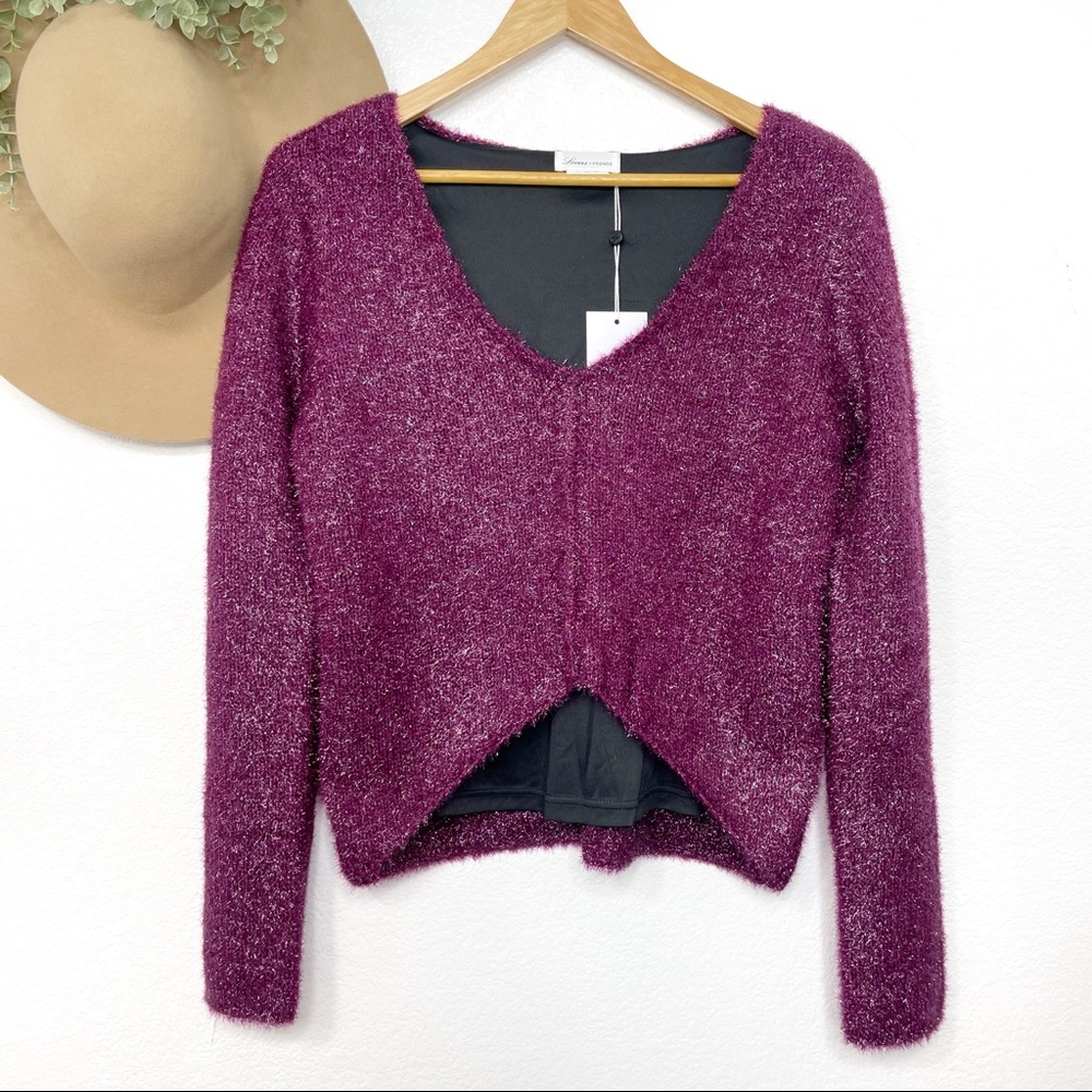 NWT LOVERS + FRIENDS •Gerona Magenta Glitter Sweater - Picture 5 of 8